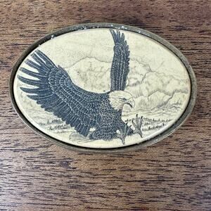 Vintage 1983 Barlow Solid Brass Belt Buckle Scrimshaw Flying Bald Eagle